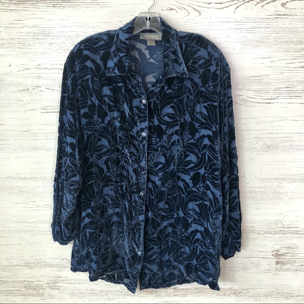 VTG 80s LANE BRYANT Crushed Velvet Indigo Sheer Silk Floral Illusion Blouse